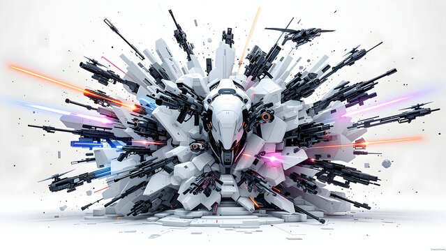 Futuristic robotic sculpture with multiple weapons and glowing lights, creating dynamic and intense sci fi battlefield scene