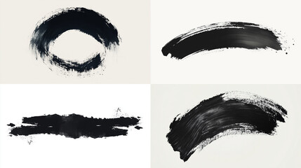 Four abstract black paint brush strokes on white background.