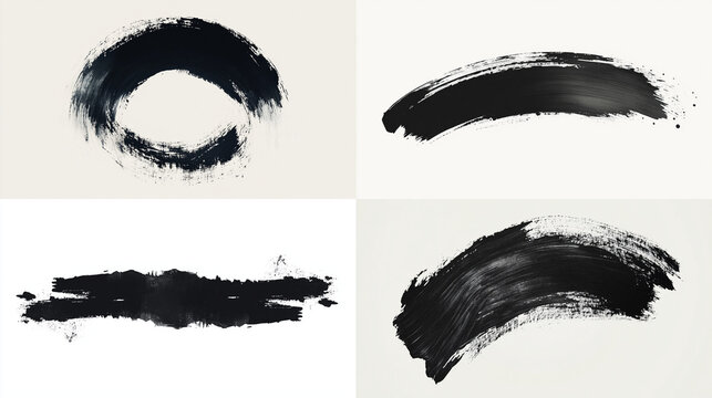 Four abstract black paint brush strokes on white background.