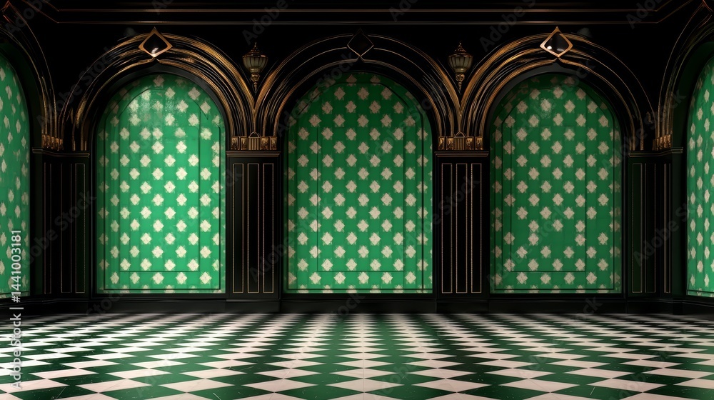 Poster large room with green and white walls and a black and white floor. the room is empty and has a very 