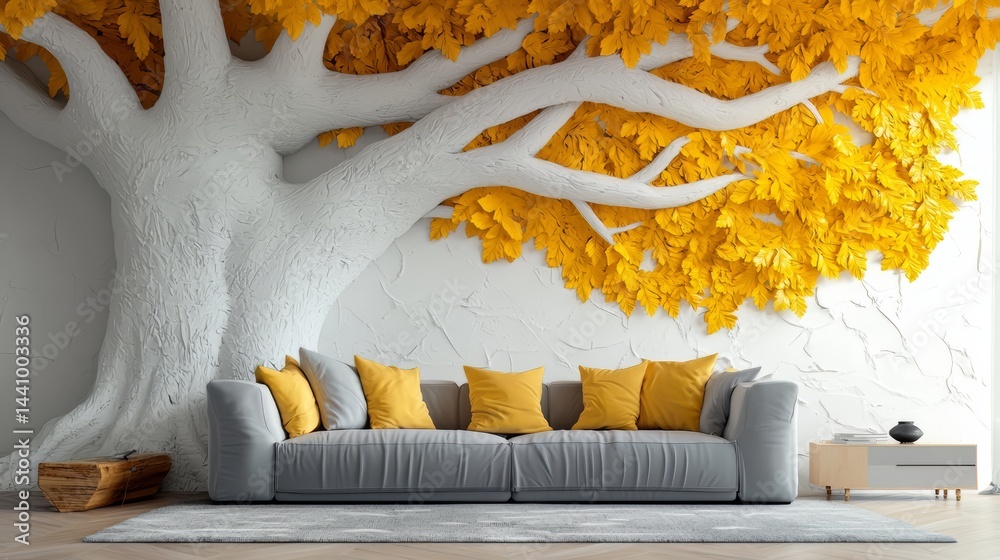 Poster large tree mural is painted on the wall above a couch and a coffee table. the tree is surrounded by 