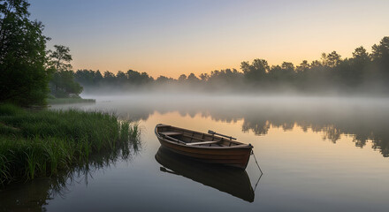 Fototapeta premium Serene Misty Lake Landscape with Rowboat Morning Fog, Calm Water, Trees, Nature, Reflection.