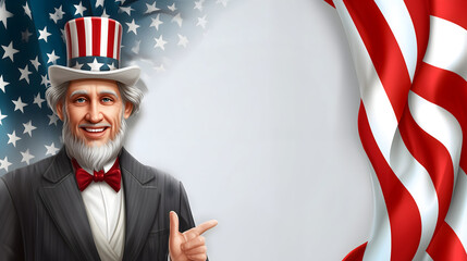 Illustration with Uncle Sam and the proud US flag, space for text