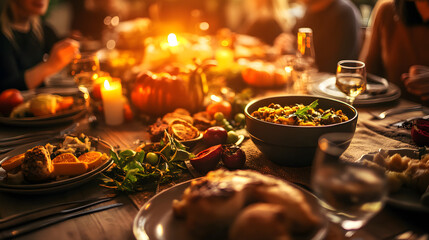 Naklejka premium A community gathering for Thanksgiving dinner with people from all backgrounds coming together.