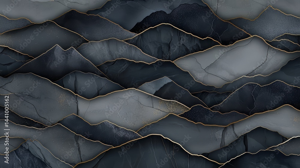 Aufkleber Mountain range with a gold border. The mountains are dark and the gold border is shiny. The image has a sense of depth and grandeur