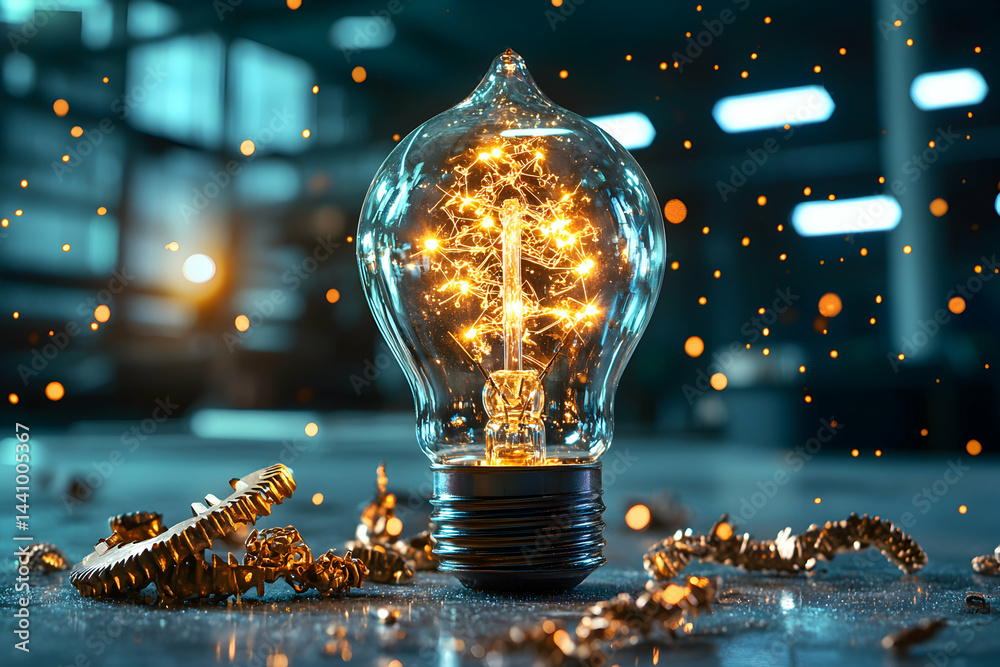 Poster a glowing lightbulb with intricate filaments. idea generation. spark creativity. apply for tech pres
