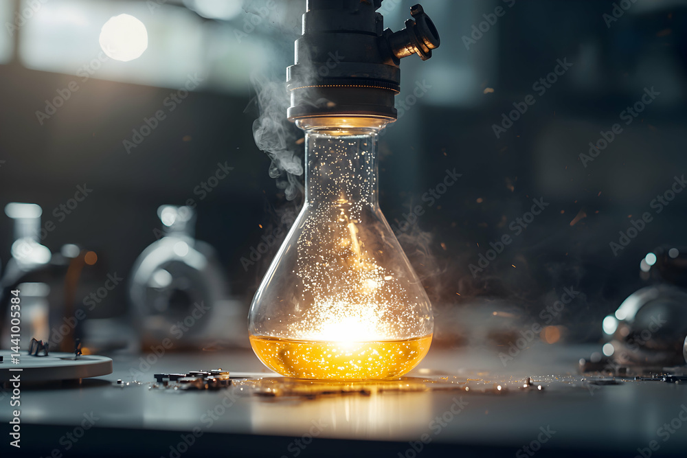 Poster a captivating lab scene. an illuminated flask hints at science magic. use it for articles on scienti