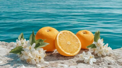 Fresh oranges with white blossom flowers on stone by turquoise sea in bright sunny tropical summer scene - Powered by Adobe