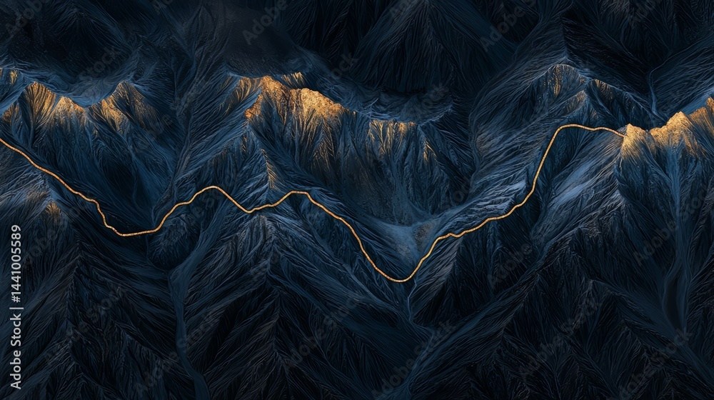 Poster Mountain range with a line of light shining on it. The mountains are dark and the line of light is bright