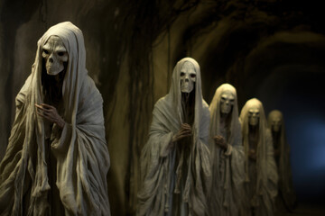 Naklejka premium Hooded and veiled skeletal figures standing in catacomb. Eerie atmosphere of death and mystery.
