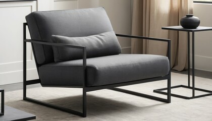 Comfortable black leather armchair, stylish furniture in an empty room with minimalist design