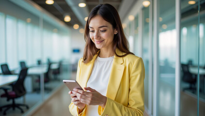 Woman in Yellow Jacket Using Cell Phone in Modern Office Setting