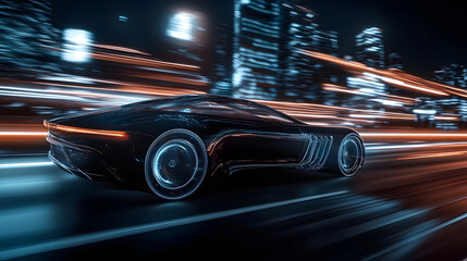 A concept futuristic car with transparent wheels driving on a glowing highway at night.