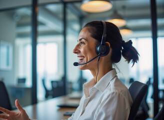 Smiling Woman in Headset Working at Desk in Professional Setting