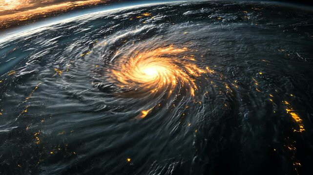 Dynamic earth view with spiraling storm and glowing city lights from space