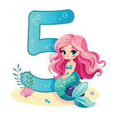 Illustration of a Beautiful mermaid girl with beautiful eyes on white background with number 5. Happy Birthday. Vector Illustration in flat cartoon style