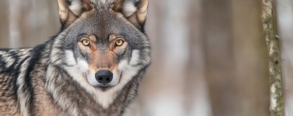 Obraz premium Close-up portrait of a red wolf in a forest setting.