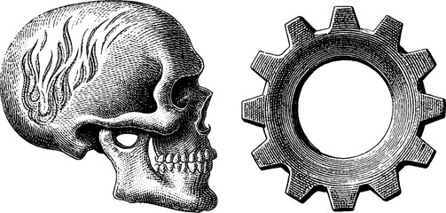 Engraved illustration of flaming skull and gear motif for design projects