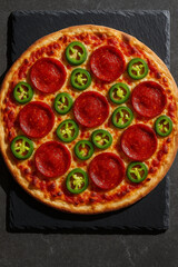 Pepperoni pizza with jalapeño peppers on dark slate background
