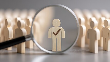 Wooden figure with check under magnifier symbolizes ideal candidate assessment  
