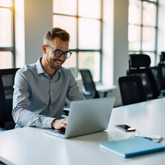 Smiling Man in Glasses Working on Laptop at a Table