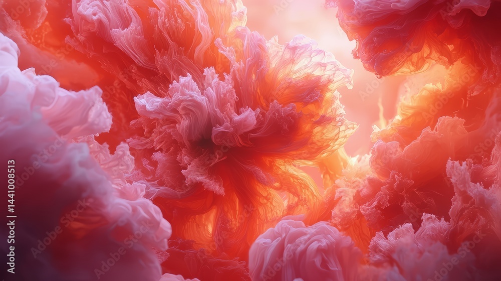 Poster pink cloud with a red flower in the middle. the flower is surrounded by pink clouds. the image has a