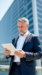 Man in Suit Using Tablet Computer Outdoors