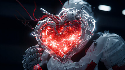 Futuristic cyborg holds a glowing heart. AI meets humanity. Suggests themes of love technology and emotions merging within a digital world. An idea for a sci-fi book.