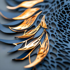 Abstract design with layered elements. Copper and blue shapes create a visually striking artwork. Could be used for wall art or decorative panels.