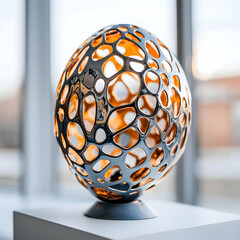 An abstract metal sculpture featuring a hollow egg shape with irregular openings. Great as a decorative piece for homes or offices enhancing interior design.