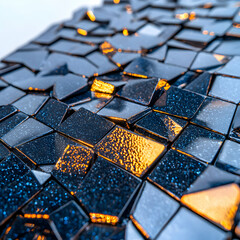 Abstract image of reflective blue and gold tiles. Use for website backgrounds product designs or artistic prints. Create stunning visual effects and add depth.