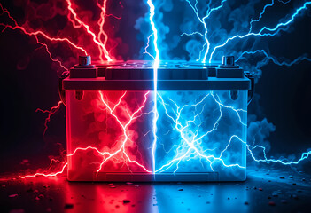 A dynamic image of a battery split into red and blue halves, emitting vibrant lightning bolts. The contrasting colors create an electrifying effect, symbolizing power and energy.