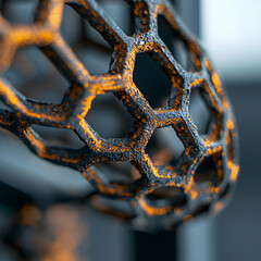 Abstract close-up of a hexagonal structure showcasing textures and an orange glow. Great for architectural design elements or decorative lighting. Can be used as a background.