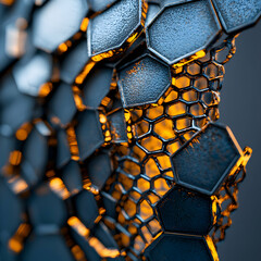 Abstract honeycomb structure with metallic texture and orange glowing light. Ideal for technology or futuristic design projects. Offers a modern aesthetic.
