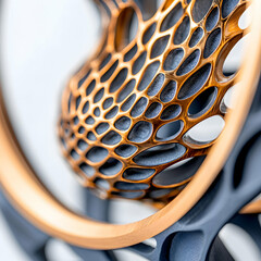 Intricate 3D-printed design with a honeycomb structure. Suggests applications in decorative art or functional components requiring lightweight strength and unique aesthetics.