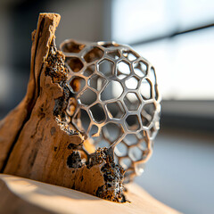 A metal sculpture is displayed with natural wood. It features a hexagonal pattern resembling a honeycomb. It could decorate modern homes and offices.
