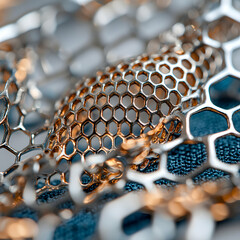 Macro shot of a metallic honeycomb structure. It presents a mesh-like design with hexagonal patterns. Consider applying this to architectural designs or jewelry.