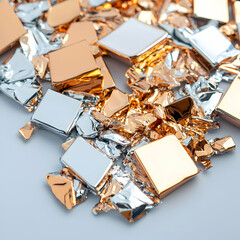 Close-up of scattered metallic squares and crumpled foil in silver gold and bronze. Excellent for festive backgrounds celebratory designs or product packaging visualization.
