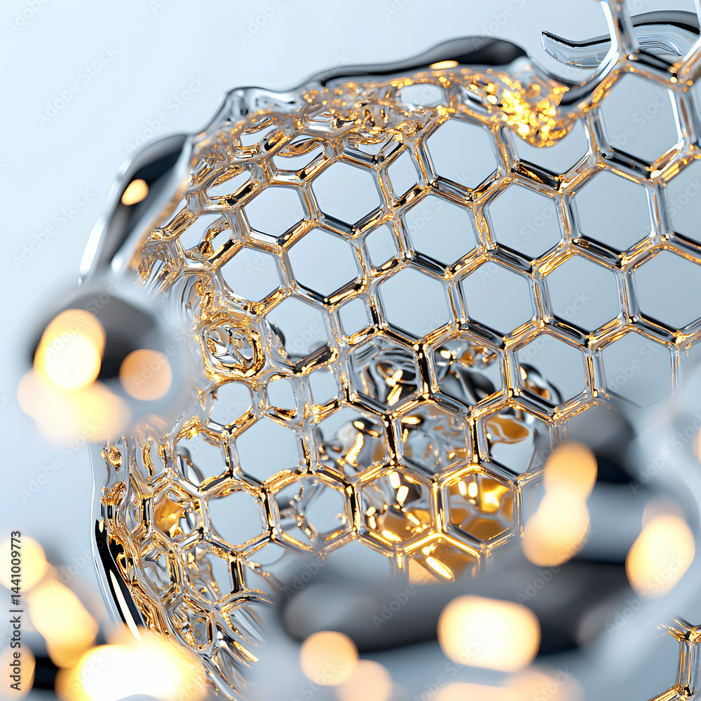 Poster an abstract image features a honeycomb structure with metallic reflections and glowing orbs. possibl