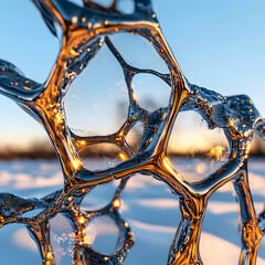 A stunning icy structure with a golden glow against a winter backdrop. Great for science concepts or abstract art. Consider a science poster.