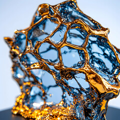 Abstract artwork featuring a gold-plated crystalline structure. Suggest for luxury branding graphic designs or high-end product packaging for a futuristic aesthetic.