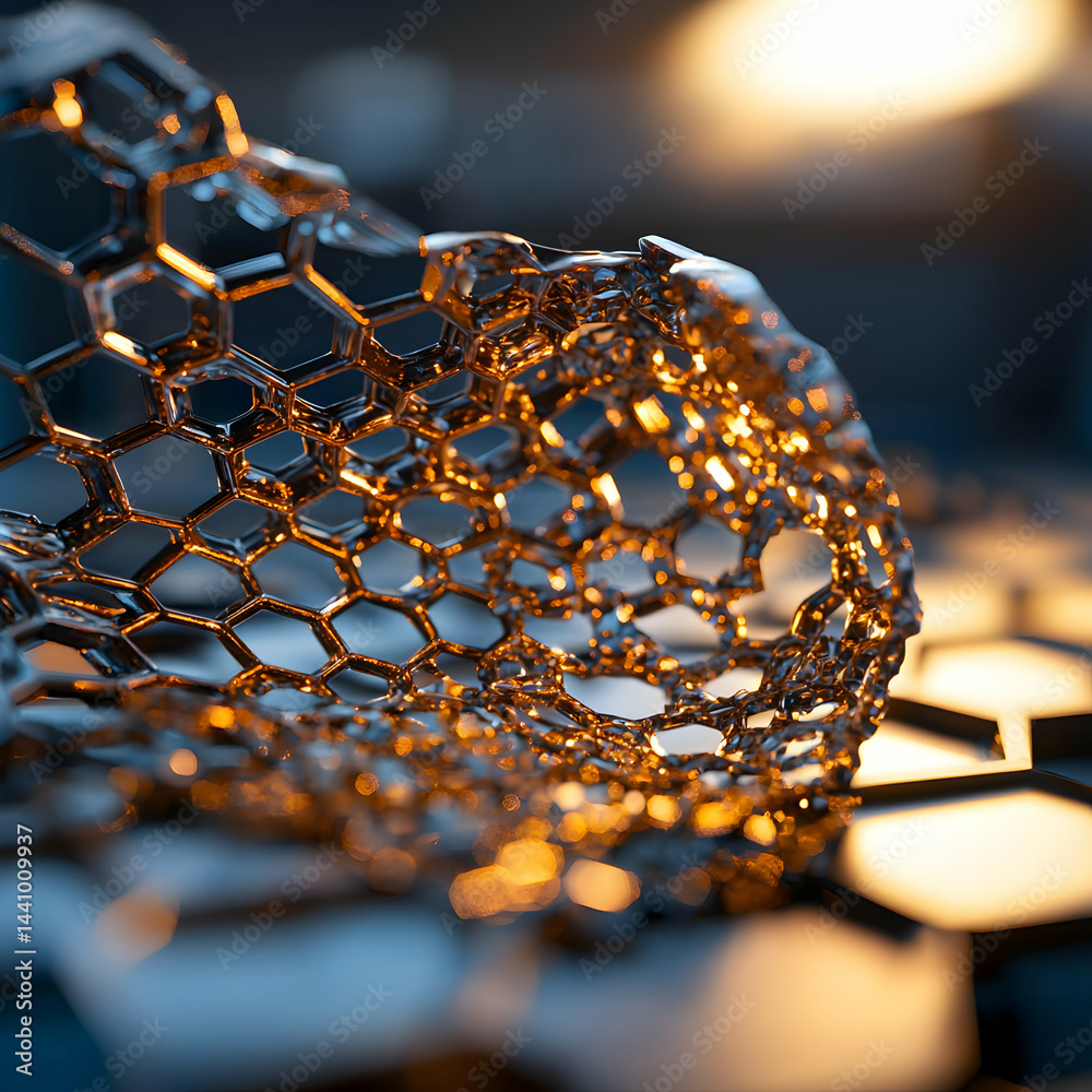 Poster a close-up showcases a hexagonal network structure. it suggests applications in advanced materials s