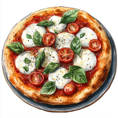 Delicious Italian pizza Margherita with melted mozzarella cheese, fresh basil leaves, and cherry tomatoes. Top view of sliced pizza on a white background. 