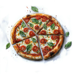 Delicious Italian pizza Margherita with melted mozzarella cheese, fresh basil leaves, and cherry tomatoes. Top view of sliced pizza on a white background. 