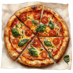 Delicious Italian pizza Margherita with melted mozzarella cheese, fresh basil leaves, and cherry tomatoes. Top view of sliced pizza on a white background. 