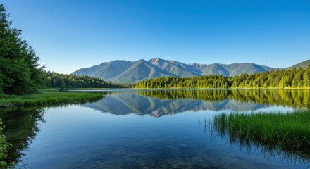 Fototapeta premium Idyllic lake scene framed by rich vegetation and majestic mountains.