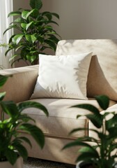 Cozy white pillow resting on beige sofa with leafy plants around.
