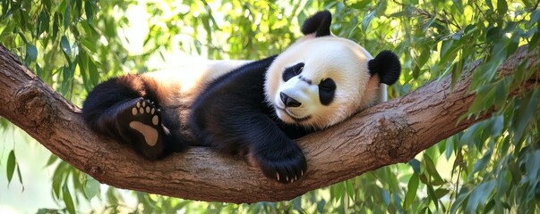 Obraz premium Relaxed giant panda resting in a tree.