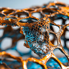 Intricate abstract structure featuring a combination of gold and blue hues. Suggests applications in art design architectural models and decorative elements