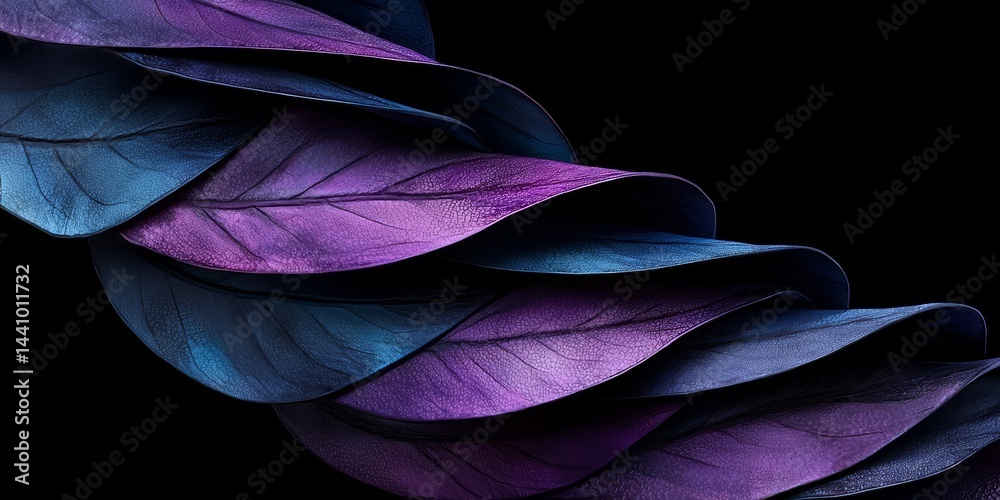 Poster series of purple leaves are shown in a spiral pattern. the leaves are purple and blue, and they are 